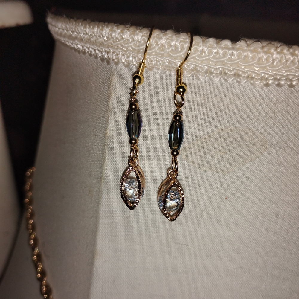 Gold-Tone Blue Irredescant Crystal Drop Earrings - FunkJunk